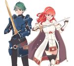  1girl alm_(fire_emblem) arm_guards armor bangs black_legwear breastplate cape celica_(fire_emblem) circlet detached_collar dress earrings fingerless_gloves fire_emblem fire_emblem_echoes:_mou_hitori_no_eiyuuou gloves green_eyes green_hair hair_ornament highres jewelry left-handed long_hair looking_at_viewer nana_(mizukas) red_eyes red_hair simple_background smile sword thighhighs tiara weapon zettai_ryouiki 