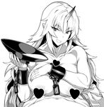  :d alcohol bangs breasts censored collarbone commentary_request cuffs cup fuantei greyscale heart heart_censor horn hoshiguma_yuugi large_breasts long_hair looking_at_viewer monochrome navel open_mouth paizuri pointy_ears pov_crotch sakazuki sake shackles sidelocks smile solo_focus topless touhou tsurime 