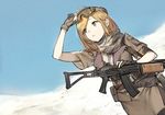  adjusting_goggles assault_rifle bangs belt belt_pouch breasts brown_eyes brown_hair desert dog_tags duoyuanjun dutch_angle earrings ears eyebrows_visible_through_hair galil_(girls_frontline) girls_frontline gloves goggles goggles_on_head gun imi_galil jewelry long_hair looking_away looking_up medium_breasts military military_uniform outdoors pantyhose parted_bangs pouch rifle scarf shemagh short_sleeves side_slit skirt solo uniform weapon 
