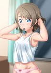  armpits arms_up blue_eyes blurry blurry_background breasts commentary_request depth_of_field eyebrows_visible_through_hair grey_hair hair_tie hair_tie_in_mouth hands_in_hair highres looking_at_viewer love_live! love_live!_sunshine!! medium_breasts midriff mouth_hold navel panties pink_panties sazanami_tarou short_hair sideboob solo tank_top underwear underwear_only watanabe_you white_tank_top 