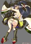  2017 ass black_hair blush dated detached_sleeves dress flying_sweatdrops green_dress green_eyes green_legwear grey_background hair_ribbon kantai_collection kneehighs long_hair low-tied_long_hair mizuho_(kantai_collection) mokerou open_mouth panties ribbon side-tie_panties simple_background solo spanked underwear very_long_hair 