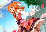  aikatsu! aikatsu!_(series) anklet bow bracelet castle crown dress earrings elbow_gloves flower gloves high_heels highres jewelry long_hair mini_crown nagashii_kouhei necklace oozora_akari open_mouth orange_hair petals red_eyes side_ponytail solo 