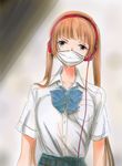  bow bowtie brown_hair commentary_request face_mask fukumenkei_noise grey_eyes headphones highres marker_(medium) mask potekite school_uniform traditional_media 