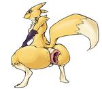  anal_prolapse anthro anus big_butt breasts butt digimon female gaping gaping_anus looking_back mammal prolapse renamon simple_background smile solo sweat 