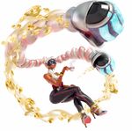  absurdres arms_(game) boxing_gloves chilla_(arms) commentary cup dark_skin drill_hair high_heels highres looking_at_viewer mask motion_blur official_art pants pink_hair silver_hair sitting smile solo teacup tight tight_pants twin_drills twintails twintelle_(arms) 