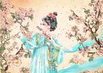  black_hair blue_eyes chinese_clothes flower flute hair_flower hair_ornament hanfu instrument looking_away looking_to_the_side luna_ouyang music original petals playing_instrument shawl solo standing upper_body wide_sleeves 