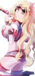  ;) alternate_costume bad_id bad_pixiv_id blonde_hair breasts chin_piercing closed_mouth commentary_request cowboy_shot crop_top eyewear_on_head fate/grand_order fate_(series) foreshortening from_side green_eyes hair_ornament highres kneeling large_breasts long_hair looking_at_viewer looking_to_the_side low-tied_long_hair one_eye_closed puffy_short_sleeves puffy_sleeves quetzalcoatl_(fate/grand_order) race_queen short_shorts short_sleeves shorts smile solo sunglasses very_long_hair wada_kazu wristband 