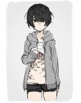  bad_id bad_pixiv_id black_eyes black_hair black_shorts commentary_request extra_eyes grey_background hair_over_one_eye highres hood hoodie messy_hair navel open_clothes open_hoodie original ouchi_kaeru parted_lips partial_commentary shirt_lift short_hair short_shorts shorts simple_background sketch sleeves_past_wrists solo tank_top trypophobia two-tone_background very_short_hair white_background 