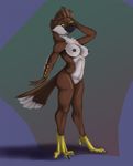 anthro avian beak big_breasts bird breasts brown_feathers claws digital_media_(artwork) evil_grin feathers female nipples nude open_mouth phinja simple_background smile solo talons yellow_eyes 