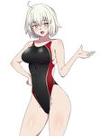  ahoge black_swimsuit competition_swimsuit fate/grand_order fate_(series) hand_on_hip highleg highleg_swimsuit highres jeanne_d'arc_(alter)_(fate) jeanne_d'arc_(fate)_(all) kagemusha looking_at_viewer one-piece_swimsuit short_hair silver_hair simple_background solo swimsuit white_background yellow_eyes 