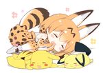  :3 animal_ears bare_shoulders blonde_hair blush_stickers brown_hair chibi closed_eyes closed_mouth commentary_request crossover curled_up elbow_gloves eyebrows_visible_through_hair fetal_position full_body gen_1_pokemon gen_2_pokemon gloves happy high-waist_skirt kemono_friends lying multicolored_hair on_side on_stomach open_mouth pichu pikachu pokemon pokemon_(creature) serval_(kemono_friends) serval_ears serval_print serval_tail shadow shirt short_hair skirt sleeping sleeveless sleeveless_shirt streaked_hair striped_tail tail thighhighs watanon_(gakushokutei) white_background white_shirt zettai_ryouiki 