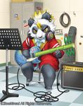  cable cardfight!!_vanguard company_name earrings furry guitar headphones instrument jewelry kemonomichi_(blue_black) leaf no_humans official_art panda problem_child_greybelly sitting solo yellow_eyes 