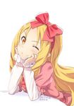  &gt;:) ;) artist_name blonde_hair commentary_request dated dress eromanga_sensei errant hairband hands_on_own_cheeks hands_on_own_face long_hair long_sleeves looking_at_viewer one_eye_closed pink_dress red_ribbon ribbon smile solo v-shaped_eyebrows yamada_elf 