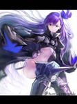  armor armored_boots blue_eyes blue_ribbon boots coat fate/extra fate/extra_ccc fate/grand_order fate_(series) haori_iori highres long_hair long_sleeves meltlilith midriff navel prosthesis prosthetic_leg purple_hair ribbon smile solo spikes 