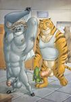  balls butt chief_bogo clothing disney feline furryrevolution locker_room male male/male mammal nipples nude penis shirt tiger towel water_buffalo zootopia 