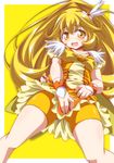  bangs bike_shorts blonde_hair bow choker cowboy_shot cure_peace kikuchi_tsutomu kise_yayoi long_hair looking_at_viewer open_mouth orange_choker outside_border precure shorts shorts_under_skirt skirt skirt_tug smile_precure! solo standing wide_ponytail yellow_background yellow_bow yellow_eyes yellow_shorts yellow_skirt 