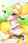  blonde_hair bow crystal eyebrows_visible_through_hair fingerless_gloves floating floating_object food fruit gloves green_eyes hair_bow hair_ribbon hand_on_own_cheek highres kagamine_rin kagamine_rin_(vocaloid4) leg_warmers lemon lemon_slice looking_at_viewer open_mouth pleated_skirt ribbon sailor_collar sailor_collar_lift short_hair skirt solo vocaloid yuuki_kira 