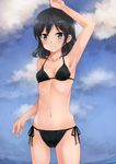  akemiho_tabi_nikki bikini black_hair blue_eyes cloud commentary_request day fukube_fuuna highres kouno_hikaru long_hair looking_at_viewer solo standing swimsuit 