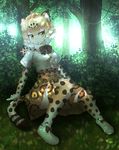  absurdres animal_ears black_bow blonde_hair blush bow elbow_gloves eyebrows_visible_through_hair gloves high-waist_skirt highres jaguar_(kemono_friends) jaguar_ears jaguar_print jaguar_tail kakutasu_(akihiron_cactus) kemono_friends multicolored multicolored_clothes multicolored_hair multicolored_legwear open_mouth orange_skirt print_gloves print_legwear print_skirt sitting skirt solo tail thighhighs tree two-tone_hair white_hair yellow_eyes 