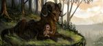  brown_fur canine curved_horn day detailed_background duo forest fur grass horn hybrid mammal nibinoylin outside paws solo tree young 