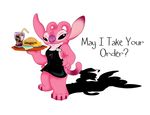  2007 4_fingers 4_toes alien angel_(lilo_and_stitch) antennae apron beverage big_ears black_eyes breast_markings burger claws clothing digital_drawing_(artwork) digital_media_(artwork) disney experiment_(species) food fries fur half-closed_eyes holding_object lilo_and_stitch littletiger488 looking_at_viewer markings musical_note name_tag pink_claws pink_fur purple_nose seductive simple_background smile soda solo straw text toes tray waiter white_background 