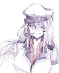  collarbone collared_shirt commentary_request eyebrows_visible_through_hair gangut_(kantai_collection) grey_hair hair_between_eyes hair_ornament hairclip hat highres jacket kantai_collection long_hair long_sleeves military military_uniform peaked_cap pipe pipe_in_mouth red_eyes sanpachishiki_(gyokusai-jima) scar shirt silver_hair simple_background smile solo uniform upper_body white_background white_jacket 