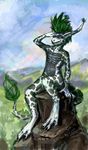  2013 anthro digital_media_(artwork) digital_painting_(artwork) digitigrade green_hair hair lizard male nibinoylin nude reptile scalie sitting solo 