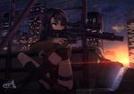  black_hair brown_eyes city commentary computer crossed_legs dreadtie gun highres laptop md5_mismatch original rifle short_hair sitting sky sniper sniper_rifle solo star_(sky) starry_sky sunset thigh_strap trigger_discipline weapon 