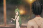  1boy 1girl animated animated_gif breasts busou_shoujo_machiavellism green_hair long_hair nomura_fudou short_hair slapping tamaba_satori yellow_eyes 