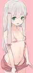  blush bow bra breasts eromanga_sensei green_eyes hair_bow highres izumi_sagiri long_hair looking_at_viewer muranisaki navel open_mouth panties panties_under_shorts pink_background pink_bow pink_bra pink_panties simple_background sketch small_breasts solo underwear white_hair 