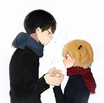  1girl black_hair blonde_hair blue_eyes blush breath brown_eyes haikyuu!! hair_ornament height_difference holding_hands kageyama_tobio long_sleeves looking_at_another rivers scarf short_hair side_ponytail simple_background white_background yachi_hitoka 