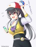  alternate_costume baseball_cap black_hair breasts brown_eyes cellphone cleavage commentary cosplay female_protagonist_(pokemon_go) female_protagonist_(pokemon_go)_(cosplay) great_ball hair_between_eyes hand_up haruna_(kantai_collection) hat holding holding_poke_ball kantai_collection long_hair medium_breasts natsuya_(pucelle) open_mouth phone poke_ball pokemon pokemon_(game) pokemon_go smartphone solo translated twitter_username 