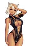  animal_ears armband blonde_hair breasts cat_ears corgi_(corgi0322) cowboy_shot cross-laced_clothes dark_skin destiny_child highres horn large_breasts lips looking_at_viewer mona_(destiny_child) one-piece_swimsuit parted_lips purple_eyes short_hair solo swimsuit thigh_gap 