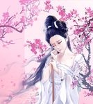  beads black_hair cherry_blossoms chinese_clothes closed_eyes eyeshadow facing_viewer flower hair_beads hair_bun hair_flower hair_ornament hanfu luna_ouyang makeup nail_polish original pale_skin pink_background pink_nails shawl solo standing updo upper_body wide_sleeves 