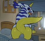  2017 anal anal_penetration animated anthro anus bed big_butt butt dacad digimon duo first_person_view gabumon horn inside looking_at_viewer looking_away looking_back male male/male paper penetration penis pillow scalie sex slightly_chubby solo_focus stripes tongue tongue_out 