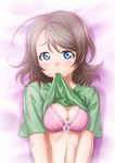  bed_sheet blue_eyes bow bow_bra bra breasts cleavage commentary_request green_shirt grey_hair highres lace lace-trimmed_bra looking_at_viewer love_live! love_live!_sunshine!! lying medium_breasts mouth_hold navel on_back pink_bra sazanami_tarou shirt shirt_in_mouth shirt_lift short_hair short_sleeves solo t-shirt underwear upper_body watanabe_you 