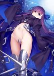  air_bubble arched_back armor armored_boots ass_visible_through_thighs backlighting bangs blue_eyes blush boots breasts bubble closed_mouth commentary_request crotch_plate eyebrows_visible_through_hair eyelashes fate/extra fate/extra_ccc fate_(series) from_below juliet_sleeves kodama_yuu long_hair long_sleeves looking_at_viewer looking_away meltlilith navel partially_visible_vulva puffy_sleeves purple_hair revealing_clothes sleeves_past_wrists small_breasts smile solo sparkle spikes standing stomach submerged thigh_boots thigh_gap thighhighs thighs tsurime underwater very_long_hair waist_cape 