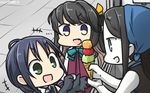  3girls black_hair blue_hair bow commentary dated elbow_gloves fang food gloves hamu_koutarou highres ice_cream ice_cream_cone kantai_collection long_hair low_twintails multicolored_hair multiple_girls naganami_(kantai_collection) open_mouth pale_skin pink_hair ru-class_battleship school_uniform serafuku shinkaisei-kan sleeveless suzukaze_(kantai_collection) triple_scoop twintails 