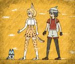  animal_ears backpack bag bare_shoulders black_eyes black_gloves black_hair black_legwear blonde_hair bow bowtie brown_footwear clenched_hand closed_mouth commentary crack egyptian_art elbow_gloves from_side full_body gloves hat hat_feather helmet high-waist_skirt highres kaban_(kemono_friends) kemono_friends kita_(7kita) legs_apart lucky_beast_(kemono_friends) multiple_girls pantyhose pith_helmet profile red_shirt serval_(kemono_friends) serval_ears serval_print serval_tail shirt shoes short_hair short_sleeves skirt sleeveless sleeveless_shirt standing striped_tail tail thighhighs white_footwear white_shirt yellow_background 