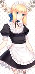  ahoge alternate_costume apron artoria_pendragon_(all) bangs black_dress black_ribbon blonde_hair blue_bow bow breasts carnival_phantasm choker cleavage closed_mouth cowboy_shot dress enmaided eyebrows_visible_through_hair fate/stay_night fate_(series) frilled_choker frilled_dress frilled_legwear frills green_eyes hair_bow head_tilt looking_at_viewer maid maid_apron maid_headdress puffy_short_sleeves puffy_sleeves ribbon ribbon-trimmed_legwear ribbon_trim saber short_hair short_sleeves sidelocks small_breasts smile solo standing thighhighs waist_apron white_apron white_legwear yaho_(yaho0211) zettai_ryouiki 