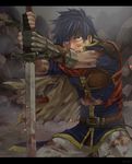  angry armor blue_eyes blue_hair cape fire_emblem fire_emblem:_souen_no_kiseki gloves headband highres ike kometubu0712 looking_at_viewer male_focus solo sword torn_clothes weapon 