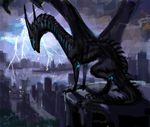  digital_media_(artwork) digital_painting_(artwork) dragon feral lighting membranous_wings nibinoylin night outside solo standing wings 