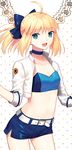  :d ahoge alternate_costume artoria_pendragon_(all) bangs belt belt_buckle blonde_hair blue_bow blue_choker blue_shorts bow breasts buckle choker collarbone cowboy_shot cropped_jacket emblem eyebrows_visible_through_hair fate/stay_night fate_(series) green_eyes hair_bow jacket long_sleeves looking_at_viewer navel open_clothes open_jacket open_mouth polka_dot polka_dot_background round_teeth saber short_hair short_ponytail short_shorts shorts sleeves_past_elbows small_breasts smile solo standing stomach strapless teeth tubetop white_jacket yaho_(yaho0211) 