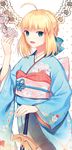  :d ahoge alternate_costume artoria_pendragon_(all) bangs blonde_hair blue_bow blue_kimono blue_ribbon bow caliburn colored_eyelashes eyebrows_visible_through_hair fate/stay_night fate_(series) floral_print flower green_eyes hair_bow holding holding_sword holding_weapon japanese_clothes kimono long_sleeves looking_at_viewer obi open_mouth polka_dot polka_dot_background ribbon saber sash shiny shiny_hair short_hair smile solo sword upper_body weapon wide_sleeves yaho_(yaho0211) 