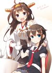  blue_eyes braid brown_hair commentary_request cup dated highres holding holding_cup kantai_collection kongou_(kantai_collection) long_hair looking_at_viewer multiple_girls purple_eyes remodel_(kantai_collection) shigure_(kantai_collection) teacup twitter_username yume_no_owari 