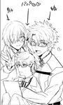  2boys bad_id bad_pixiv_id bow bowtie chaldea_uniform eyebrows_visible_through_hair fate/extra fate/extra_ccc fate/grand_order fate_(series) fujimaru_ritsuka_(male) glasses hair_intakes hair_over_one_eye hans_christian_andersen_(fate) headphones hood hoodie hug labcoat looking_at_viewer mash_kyrielight multiple_boys necktie short_hair smile trait_connection uniform v yuyuto 