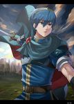  armor blue_eyes blue_hair cape crown falchion_(fire_emblem) fire_emblem fire_emblem:_monshou_no_nazo fire_emblem_heroes highres kometubu0712 looking_at_viewer male_focus marth solo sword weapon 