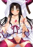  bare_shoulders black_hair breasts facial_mark fate/extra fate/extra_ccc fate_(series) forehead_mark highres horns large_breasts long_hair no_panties saliva sesshouin_kiara simple_background solo sweat thighhighs tomohiro_kai white_background yellow_eyes 