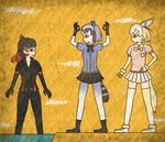  animal_ears black_bow black_eyes black_footwear black_gloves black_hair black_legwear black_pants black_shirt black_skirt blonde_hair blue_shirt bow breasts cleavage closed_mouth commentary common_raccoon_(kemono_friends) crack double_ok_sign egyptian_art fennec_(kemono_friends) fox_ears fox_tail from_side full_body fur_collar fur_trim gloves grey_hair highres hippopotamus_(kemono_friends) hippopotamus_ears kemono_friends kita_(7kita) large_breasts legs_apart long_hair medium_breasts multicolored_hair multiple_girls orange_hair pants partially_submerged pink_sweater pleated_skirt profile puffy_short_sleeves puffy_sleeves raccoon_ears raccoon_tail shirt shoes short_hair short_sleeves skirt standing striped_tail sweater tail thighhighs two-tone_hair water white_footwear white_hair yellow_background yellow_bow yellow_gloves yellow_skirt 