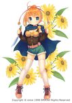  arm_warmers belt blonde_hair blue_cape blue_eyes blue_shorts cape closed_mouth dagger flower flower_knight_girl full_body holding holding_dagger holding_weapon looking_at_viewer object_namesake official_art orange_footwear ponytail reverse_grip rudbeckia_(flower_knight_girl) shoes short_hair shorts smile solo standing thighhighs usashiro_mani weapon white_legwear 